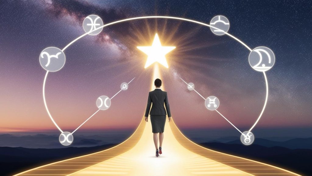 Person walking on a glowing cosmic path toward a shining star, with zodiac symbols and planetary icons floating around them. Starry night sky in the background symbolizes career guidance through astrology.