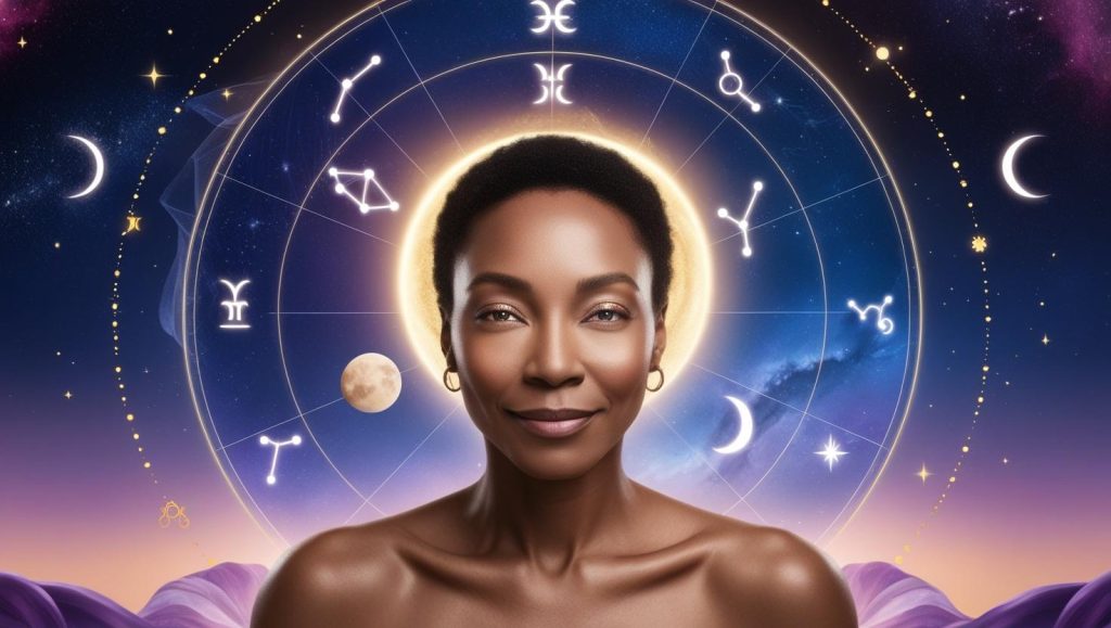 Mystical person surrounded by a glowing zodiac wheel, representing talent astrology and self-discovery. Cosmic background with stars, planets, and a gradient of blues and purples, ideal for articles on astrological talents and hidden strengths