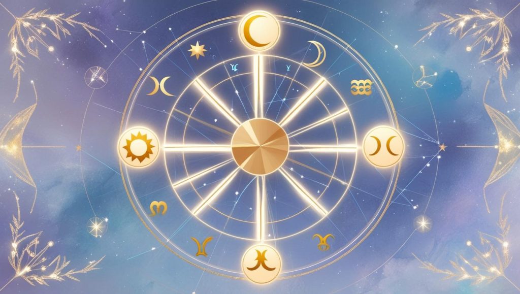 Bright zodiac wheel displaying all 12 astrological signs with colorful glowing auras, surrounded by a cosmic background of stars and gradients. Perfect for showcasing zodiac strengths and astrology-based talents.